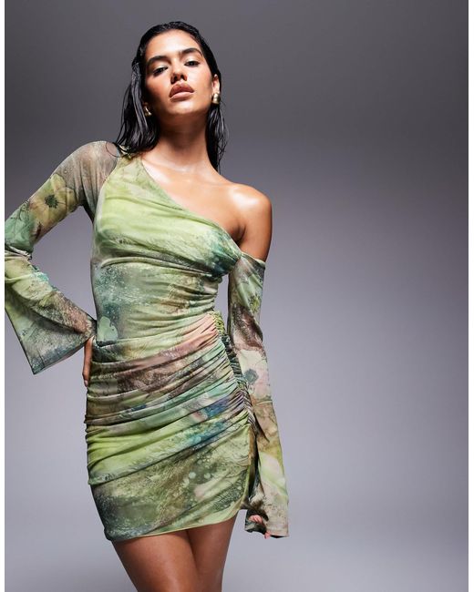 ASOS Green Off Shoulder Mesh Mini Dress With Ruffle Flute Sleeve