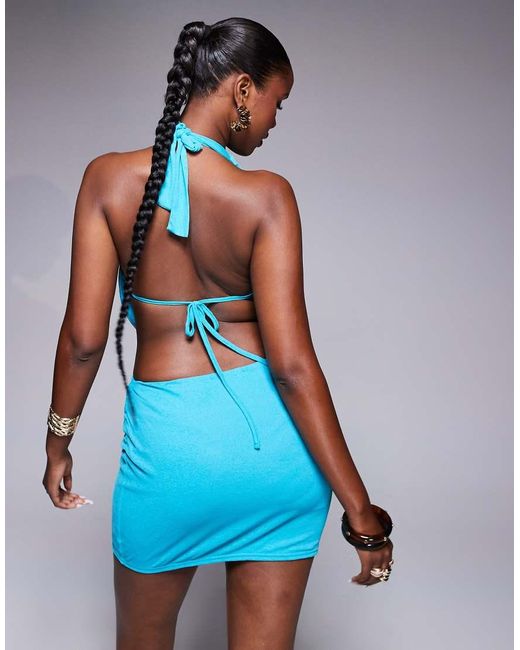 Kaiia Blue Exclusive Double Layered Slinky Mesh Starfish Trim Halterneck Bra Detail Mini Dress