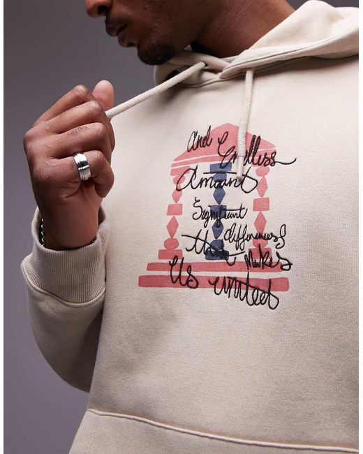 Felpa Oversize Color Pietra Slavato Con Cappuccio, Stampa Di Colonna E Ricamo di Topman in Gray da Uomo