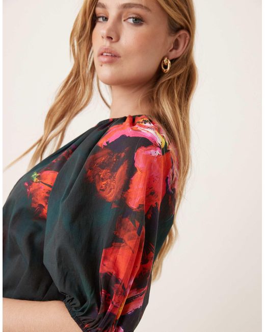 ASOS Red – minikleid aus baumwoll-popeline mit rotem blumen-print und puffärmeln