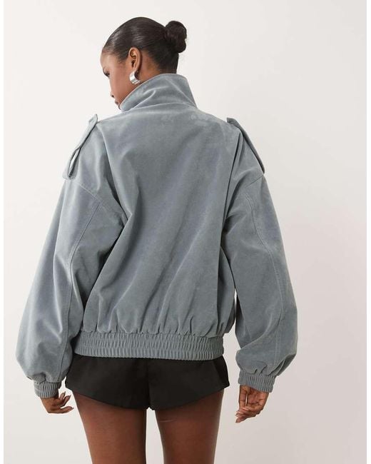 Kaiia Gray Exclusive Faux Suede Cargo Pocket Front Balloon Sleeve Funnel Neck Bomber Jacket