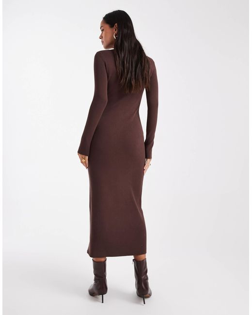 4th & Reckless Brown Rib Knit Gold-tone Button Up Collared Maxi Dress