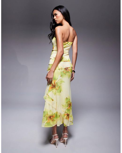 Robe bandeau mi-longue à volants en tulle - imprimé fleurs ASOS en coloris Multicolor