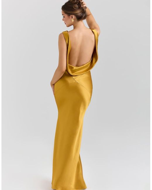 House Of Cb Metallic Safaira Amber Satin Draped Cowl Neck Maxi Dress