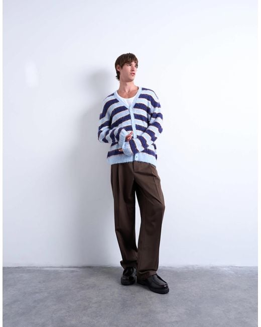 Topman Blue Oversized Fit Fluffy Knitted Stripe Cardigan for men