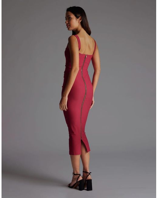 Vesper Red Square Neck Midaxi Dress With Waist Pleats