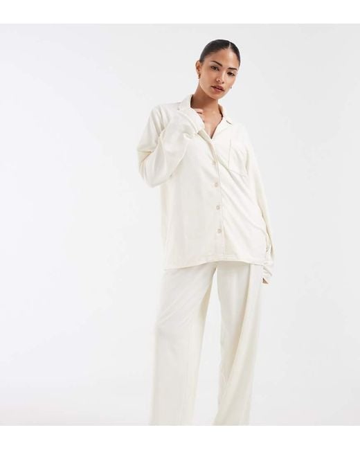 Loungeable Petite White Super Soft Jersey Camp Collar Top And Wide Leg Pants Pajama Set