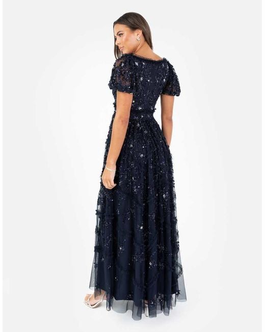 Maya Blue Floral Embellished Sweetheart Neck Maxi Dress