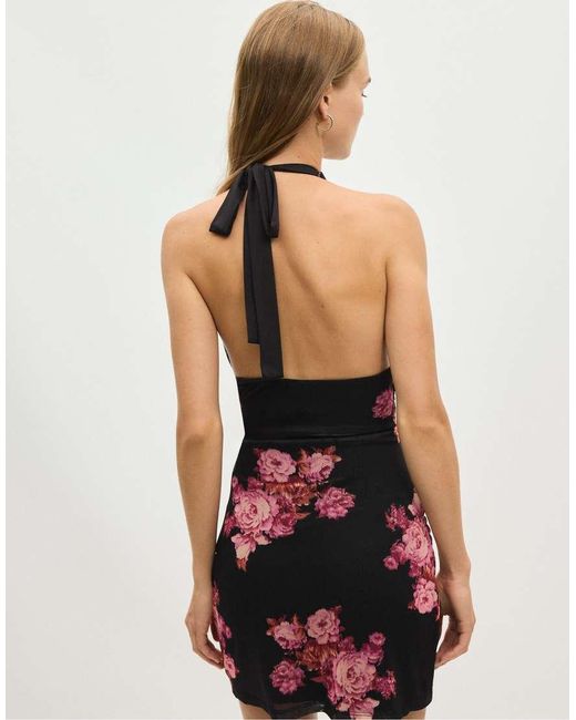 Stradivarius Black Floral Print Fitted Tulle Short Dress