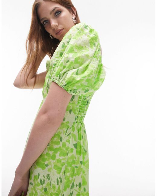 TOPSHOP Green Puff Sleeve Cut Out Midi Dress