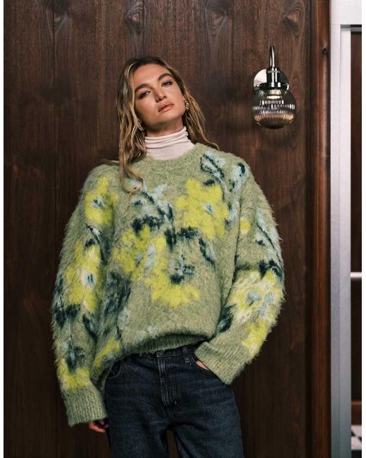 ASOS Green Brushed Floral Placement Jumper