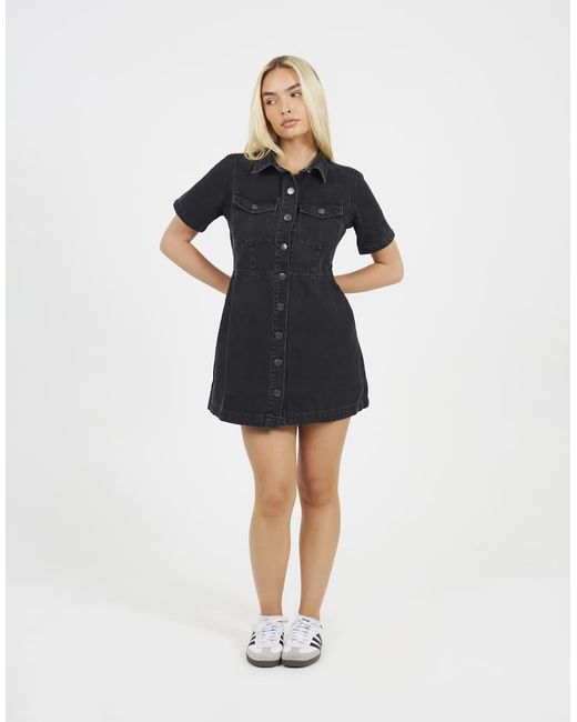 Brave Soul Black Collared A-Line Denim Mini Dress