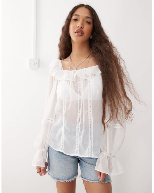 Top transparent à encolure carrée avec volants et bordures en dentelle Reclaimed (vintage) en coloris White