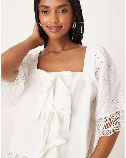 Y.A.S White Crochet Trim Tie Front Square Neck Blouse