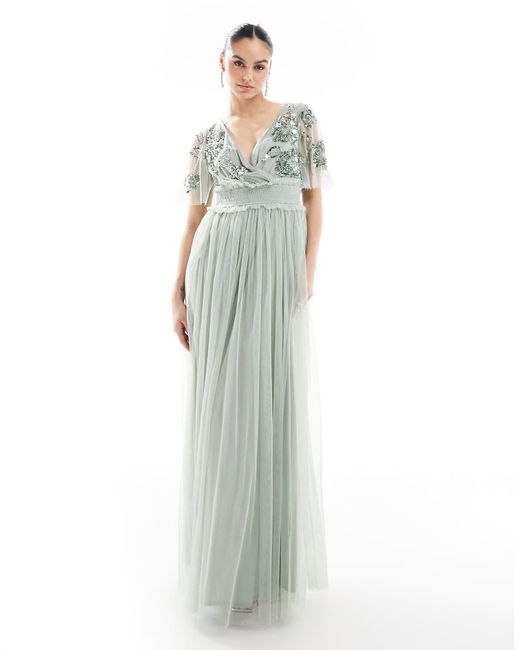 Maya Floral Embellished Shirred Waist Short Sleeve Maxi Bridesmaid Dress in  White