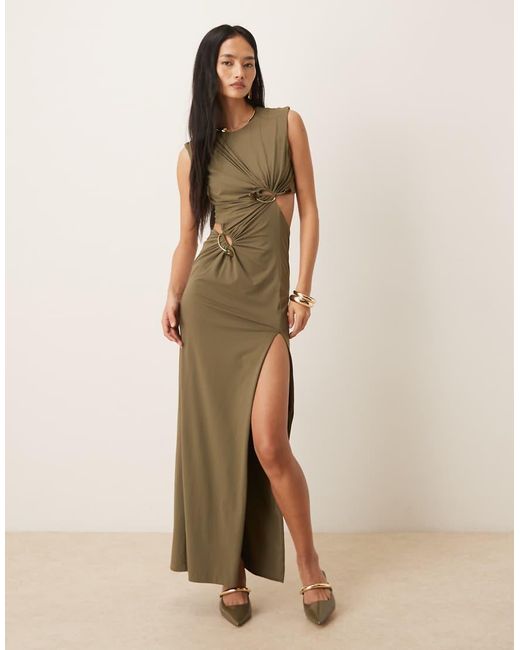 Bardot Natural Felix Slinky Sleeveless Gold Hardware Cutout Detail Thigh Split Maxi Dress