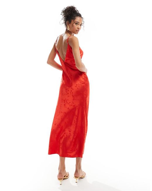 Miss Selfridge Red Satin Jacquard Strap Back Maxi Slip Dress