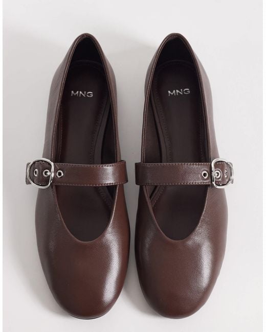 Mango Brown 100% Leather Mary Jane Ballet Pumps