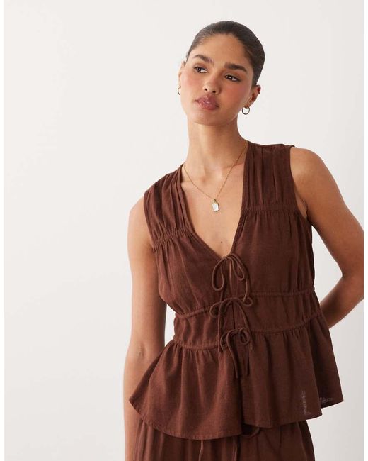 Nobody's Child Brown Linen Blend Ruched Tie Front Top