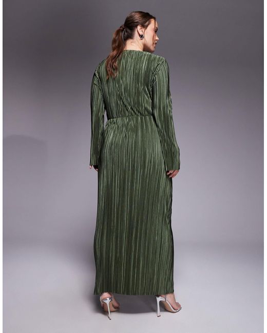 ASOS Green Asos Design Curve Plisse Long Sleeve Wrap Tie Waist Maxi Dress