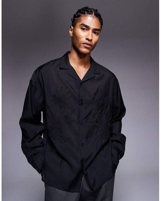 ASOS Blue Oversized Deep Revere Shirt With Tonal Placement Embroidery for men