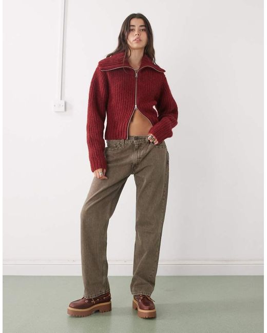 Weekday Red Chunky Rib Hem Zip Up Cardigan
