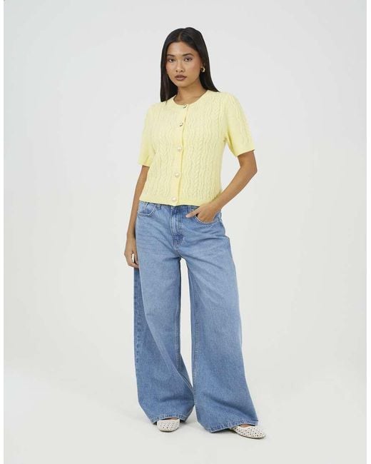 Brave Soul Yellow Short Sleeve Cable Knit Cardigan With Shell Buttons