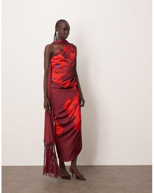 ARRANGE Red Scarf Neck Draped Midi Dress With Low Back