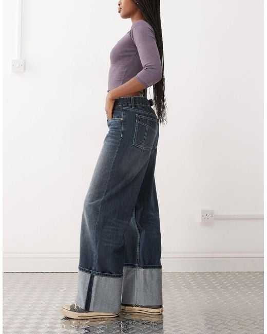 The Ragged Priest Blue Turn Up Hem Low Rise Baggy Fit Jeans