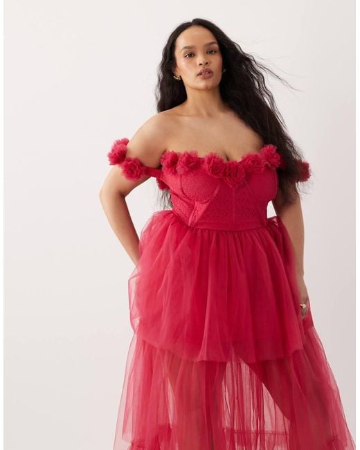Lace & Beads Plus Red Tulle Bardot Corsage Detail Corset Maxi Dress