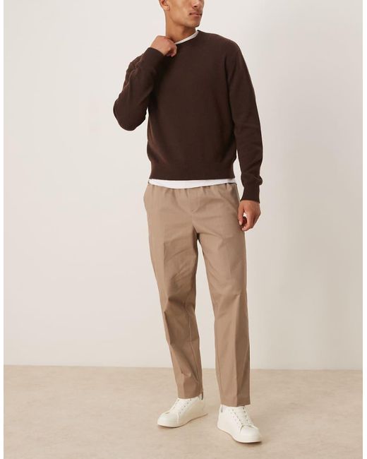ASOS Natural Smart Cotton Rich Pull On Relaxed Tapered Trousers for men