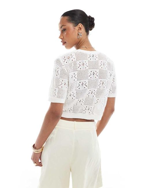 Pieces White Floral Checkerboard Crochet Top With Tie Front Detail
