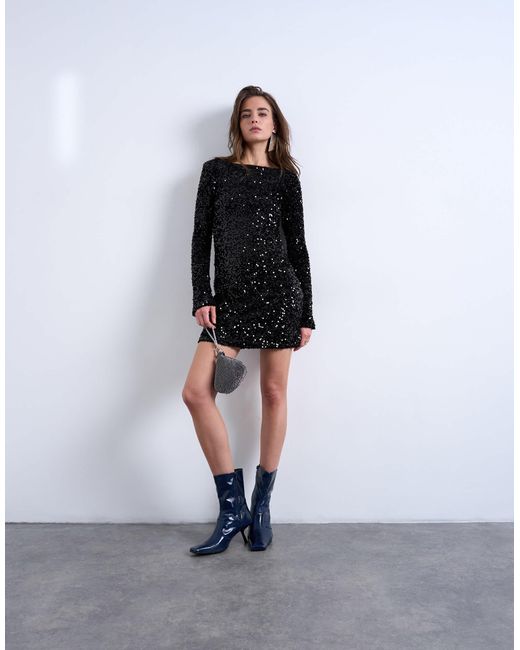 TOPSHOP White Long Sleeve Cowl Back Sequin Velvet Mini Dress