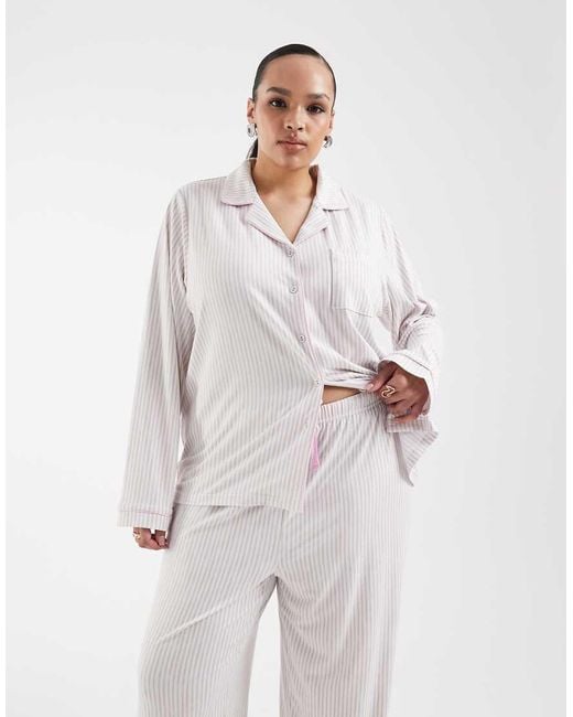 Loungeable White Curve Super Soft Jersey Camp Collar Top And Pants Pajama Set