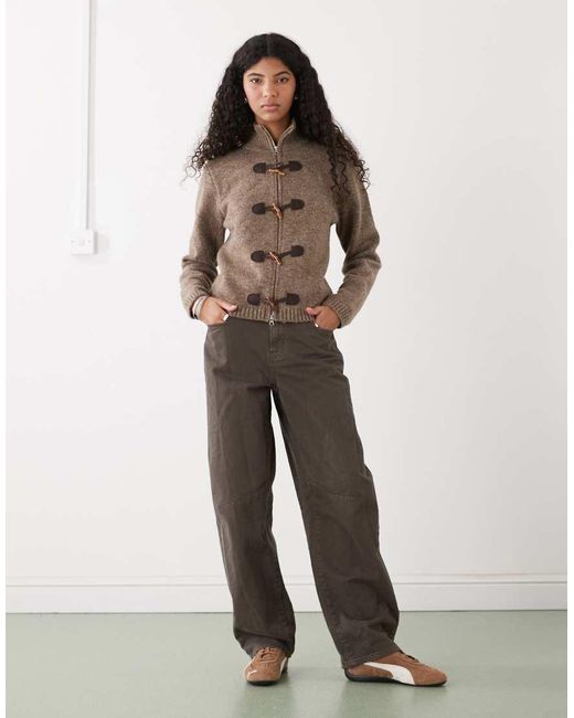 Reclaimed Vintage Brown Knit Zip Up With High Neck And toggles