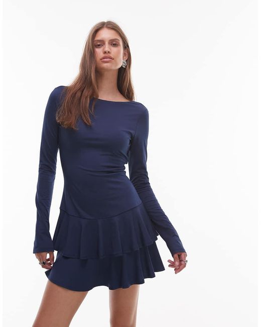 Nia Blue Sienna Boat Neck Long Sleeve Slinky Mini Dress
