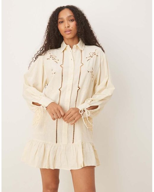 ASOS Natural Twill Broderie Mini Shirt Dress With Tonal Stitching