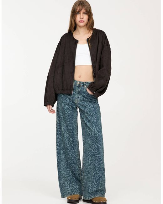 Pull&Bear Black Faux Suede Collarless Bomber Jacket