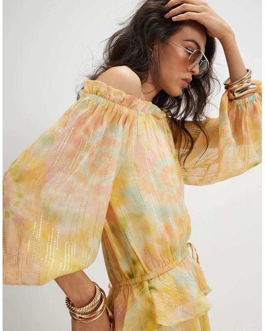 River Island Metallic Tie Dye Bardot Maxi Dress