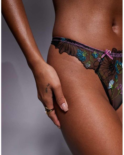 ASOS Brown Jamie Flower Floral Embroidered Thong With Satin Binding