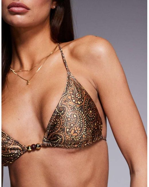South Beach Brown Paisley Print Triangle Bikini Top