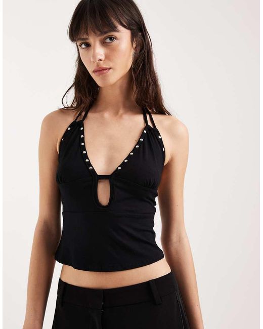 Motel Black Mioto Keyhole Studded Halter Cami Top