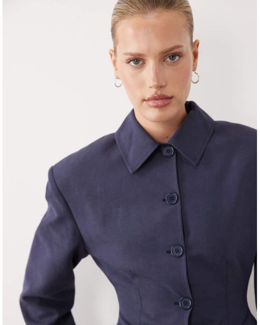 ASOS Blue Button Through Linen Look Cinch Blazer
