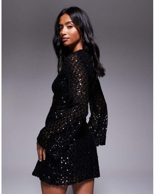 Jaded Rose Petite Black Fluted Sleeve Sequin Mini Dress