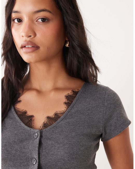 ASOS Gray Short Sleeve With V Neck And Black Lace Trim Top