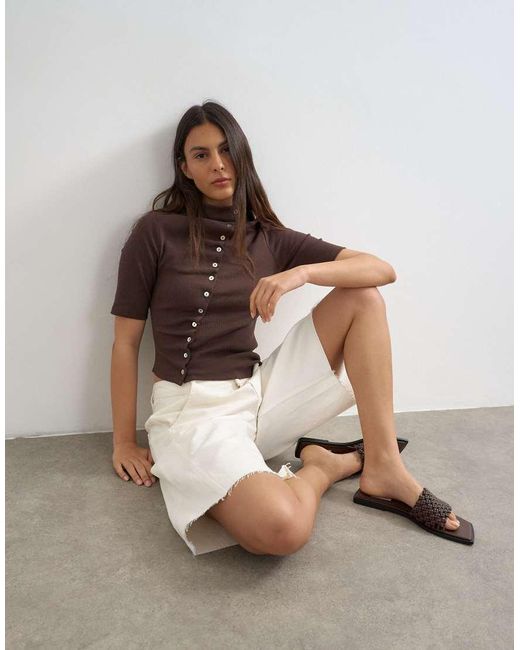 TOPSHOP White High Neck Ruffle Button Through Half Sleeve Top