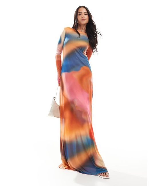 Vero Moda Maxi-Jurk Van Mesh Met Lange Mouwen En Abstracte Print in het Multicolor