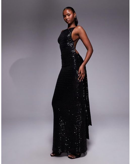 ASOS Blue Sequin Sleeveless With Open Back With Sash Detail Maxi Dress