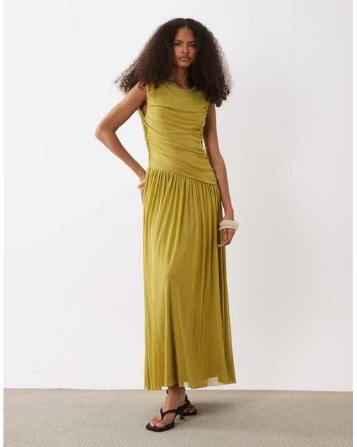 Vero Moda Green Sleeveless Ruched Detail Maxi Dress With Asymmetric Waist