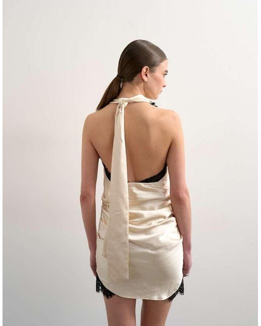 TOPSHOP White Satin Halter Cowl Neck Mini Dress With Contrast Lace Trim